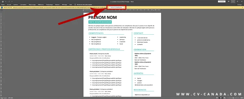 activer modifier Avec Word