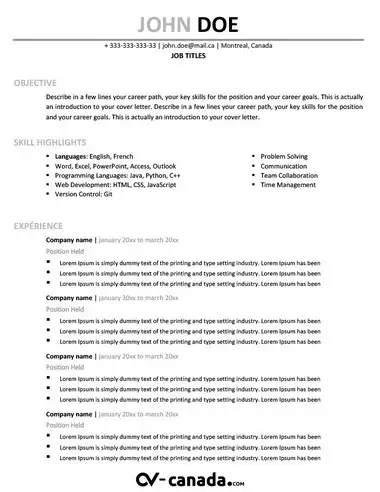 Cv Canadien en anglais 2025