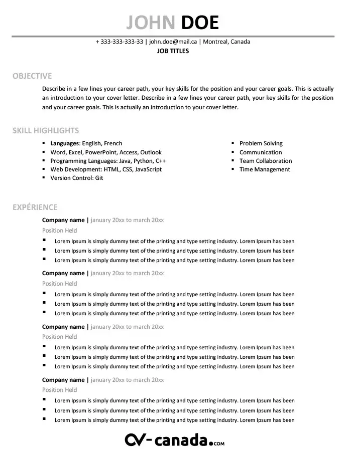 Cv Canadien en anglais 2023
