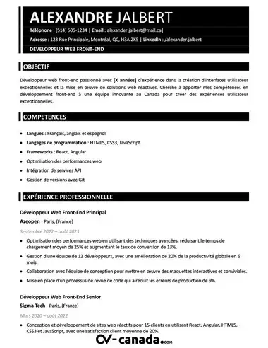 Modèle de CV developpeur au canada
