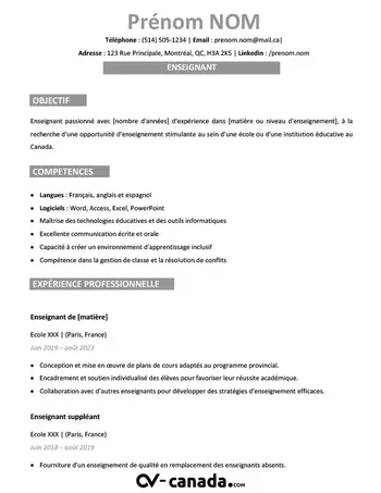 Modèle de CV enseignant/professeur au canada