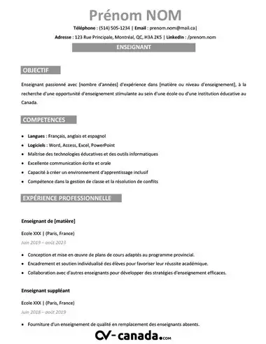 Modèle de CV enseignant/professeur au canada