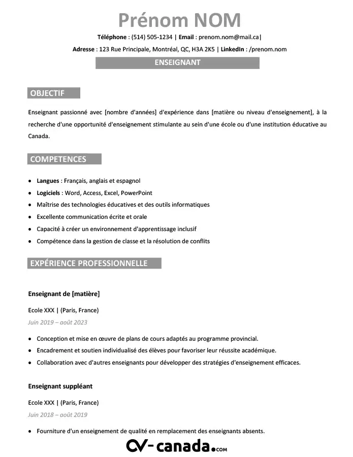 Modèle de CV enseignant/professeur au canada