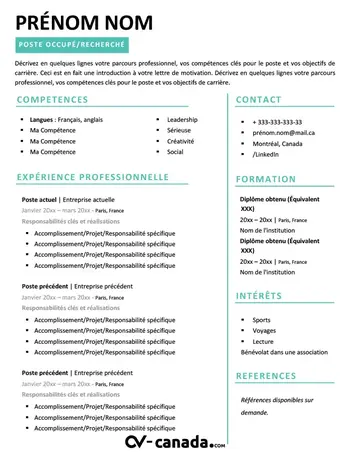 Modèle CV Canadien en Francais 2026
