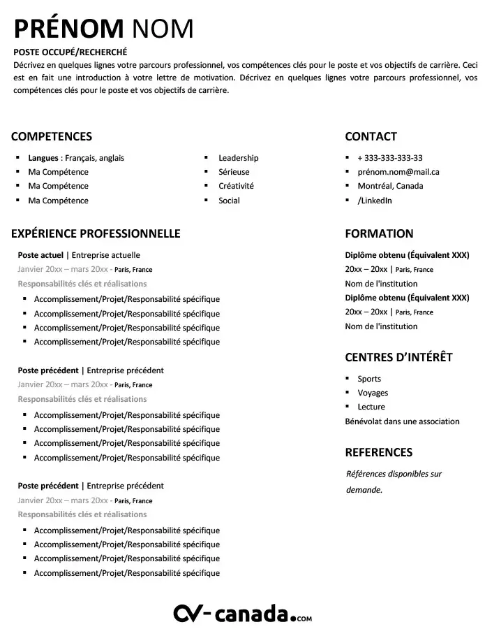 CV Canadien Gratuit 2025