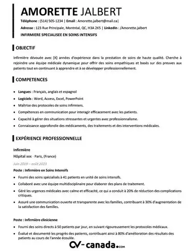Modèle de CV infirmier au canada