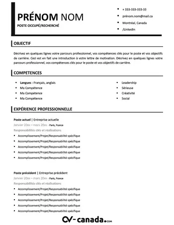 CV Canadien Professionnel à Télécharger