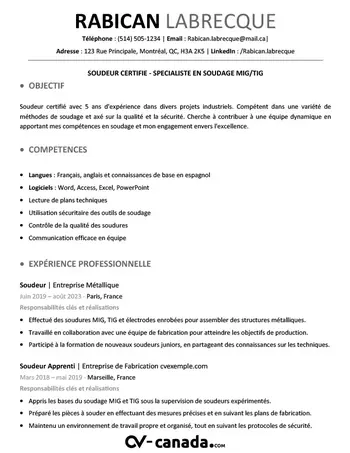 cv pour poste de soudeur au Canada