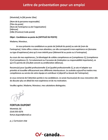 exemple de lettre de présentation pour un emploi