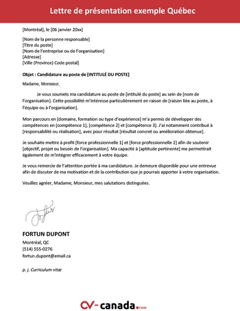 exemple de lettre de présentation au Québec gratuite